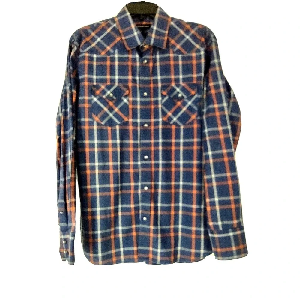 Banana Republic Shirt Mens M Western Pearl Snap Plaid Blue Orange Weekend Casual